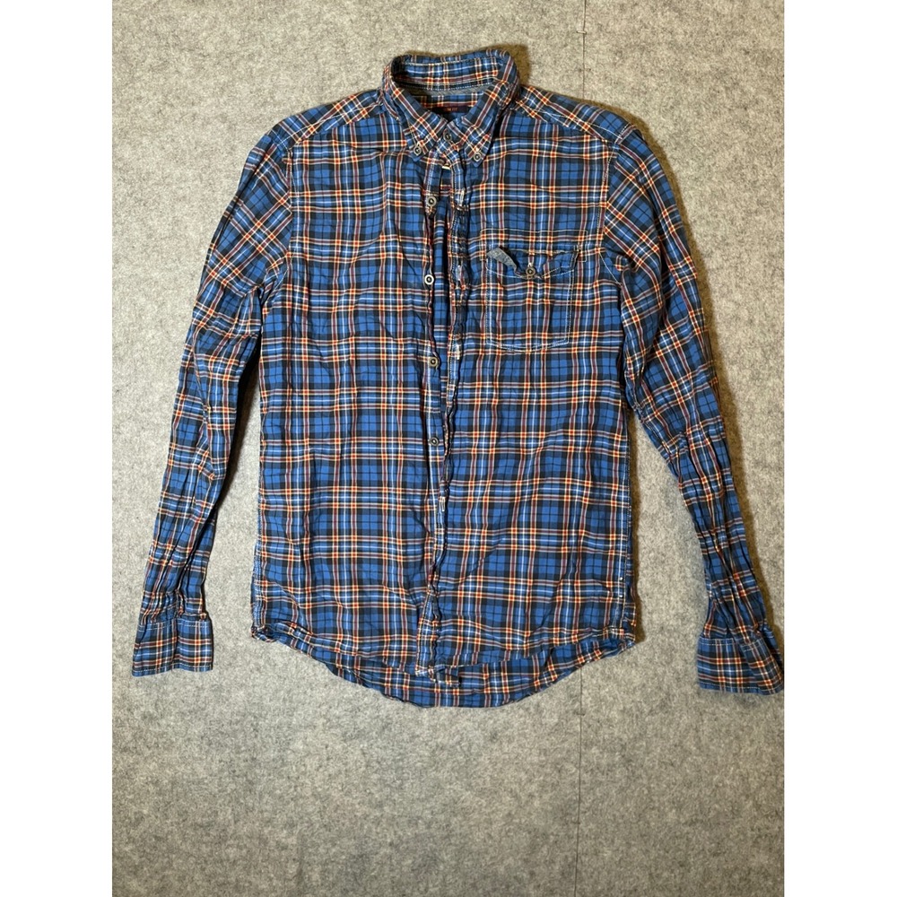 GH Bass Co Mens Slim Fit Plaid Button Down Shirt Blue Orange Cotton Small